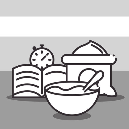 chef restaurant menu recipe bowl flour and clock linear style vector illustrationのイラスト素材