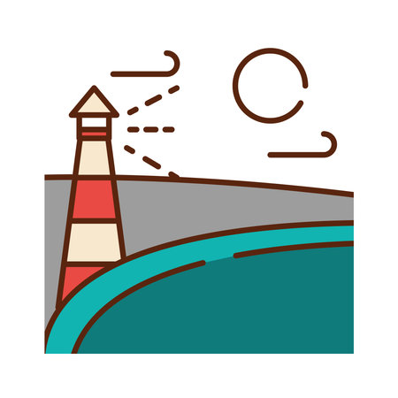 landscape lighthouse maritime sea sky nature cartoon, vector illustration filled line flat colorsのイラスト素材