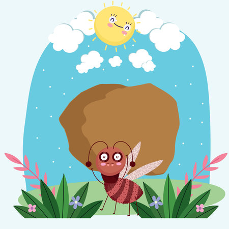 funny bug with stone in grass animal cartoon vector illustrationのイラスト素材