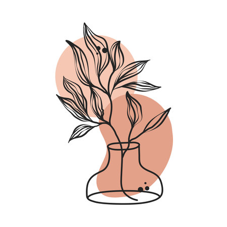 leaves plant decoration in vase line art with colored spot vector illustrationのイラスト素材