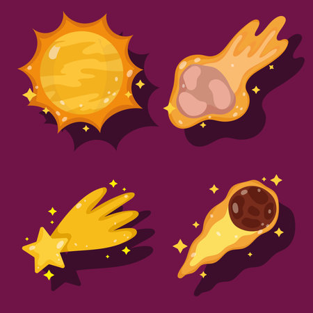 space shooting star sun asteroid comet adventure cartoon icons set vector illustrationのイラスト素材