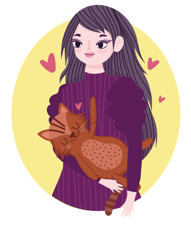 beauty woman carrying cat pet feline animal cartoon vector illustrationのイラスト素材