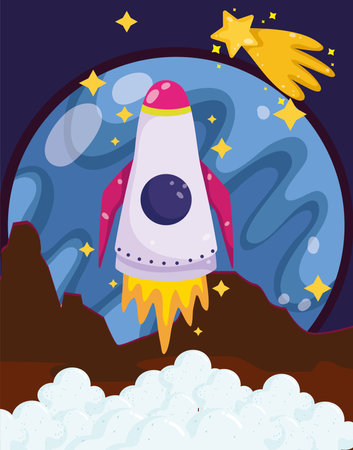 space rocket launch from planet surface shooting star cartoon vector illustrationのイラスト素材