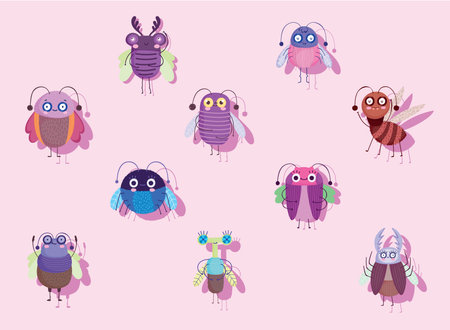 funny Bugs insect animal with wings cartoon icons set vector illustrationのイラスト素材