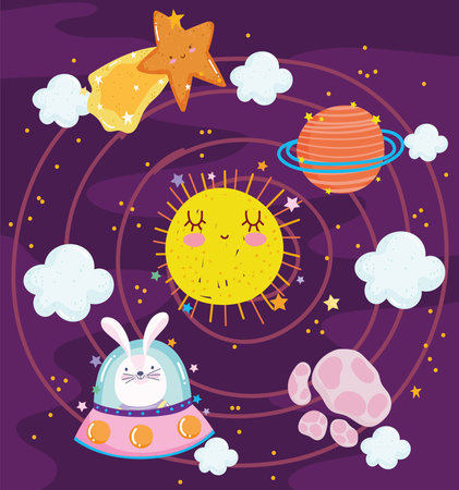 space rabbit in spaceship sun planets adventure explore animal cartoon vector illustrationのイラスト素材