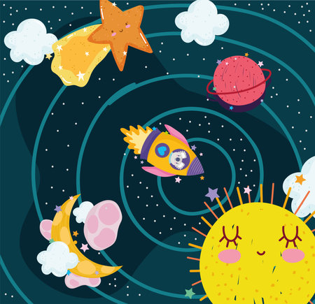space koala in rocket planet sun and star adventure explore animal cartoon vector illustrationのイラスト素材