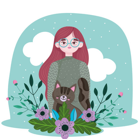 beauty girl with cat and flowers decoration cartoon, pet concept vector illustrationのイラスト素材