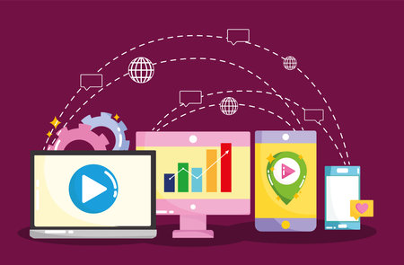 social media network connection marketing in digital device vector illustrationのイラスト素材