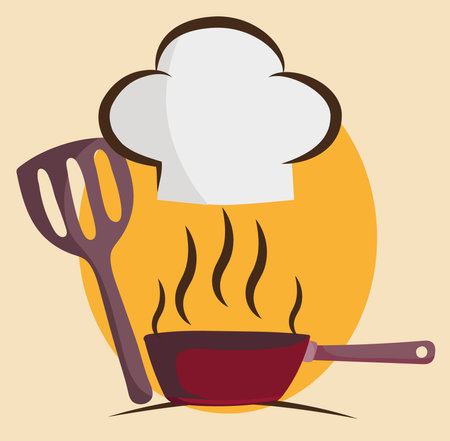 cooking chef hat spatula and saucepan in cartoon style vector illustrationのイラスト素材