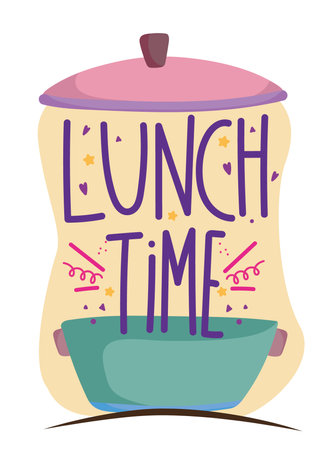 lunch time pot utensil cooking in cartoon style lettering vector illustrationのイラスト素材