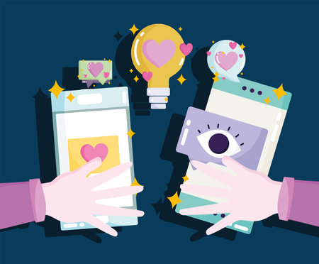 social media, hands with smartphone chat views follow love vector illustrationのイラスト素材