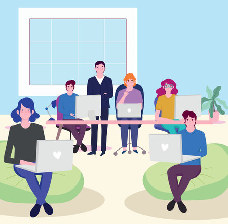 people working business meeting work desk with laptop computer vector illustrationのイラスト素材