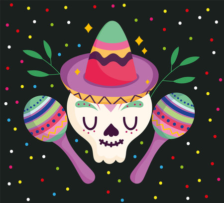 mexico day of the dead skull with hat and maraca festive culture traditional vector illustrationのイラスト素材