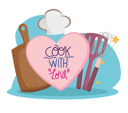 cooking cutting board cutlery and hat in cartoon style lettering vector illustrationのイラスト素材