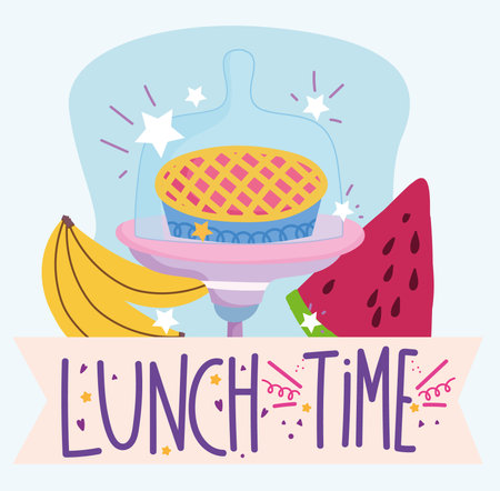 lunch time, cake and fruits cooking in cartoon style lettering vector illustrationのイラスト素材