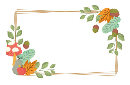 leaves mushroom apple acorn branches foliage nature frame vector illustration designのイラスト素材