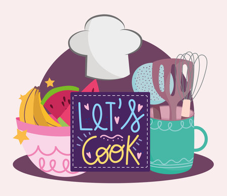 cooking cutlery and fruits in bowl in cartoon style lettering vector illustrationのイラスト素材
