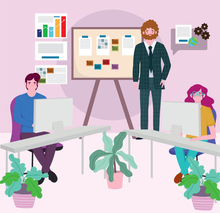 group of casual young male female working table and businessman, people working vector illustrationのイラスト素材