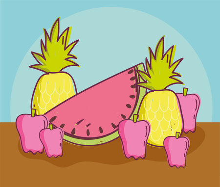 food pattern, pineapples watermelon and pepper on table design vector illustrationのイラスト素材
