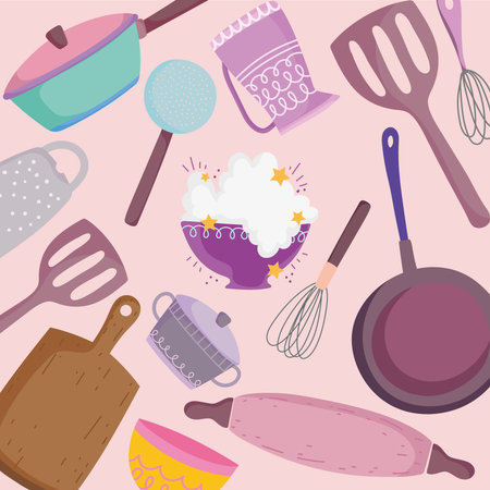 cooking utensils cutlery kitchen spatula board rolling pin pot saucepan background vector illustrationのイラスト素材