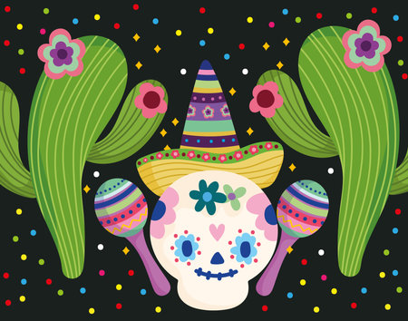 mexico day of the dead skull with hat flowers cactus and maraca festive culture traditional vector illustrationのイラスト素材