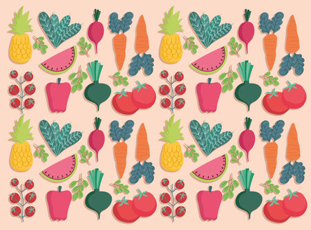 food seamless pattern fresh vegetables and fruits nutrition vector illustrationのイラスト素材