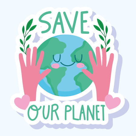 save the world hands with planet and foliage nature cartoon vector illustrationのイラスト素材