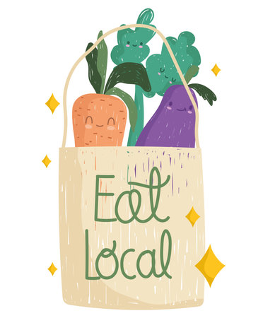 eat local grocery bag with fresh vegetables cartoon vector illustrationのイラスト素材