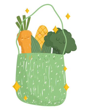 cartoon vegetables in eco bag cheerful food mascot icon vector illustrationのイラスト素材