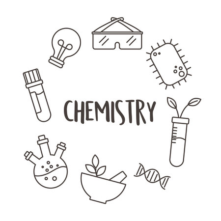 chemistry science test tube mortar bacteria plant and glasses, line style vector illustrationのイラスト素材