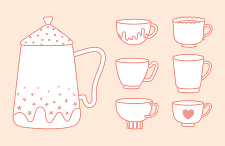 tea and coffee kettle and collection various cups, line style vector illustrationのイラスト素材
