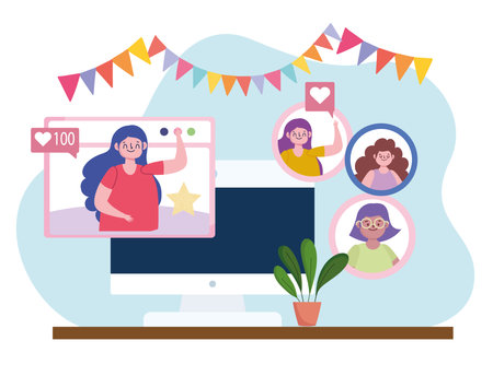 virtual party, friends remote meeting celebrating event vector illustrationのイラスト素材