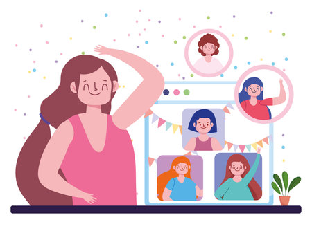 virtual party, female friends meeting celebration festive characters vector illustrationのイラスト素材