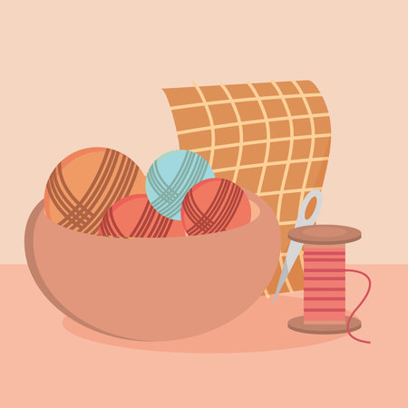 yarn balls bowl thread and needle design, Embroidery weaving and sewing theme Vector illustrationのイラスト素材