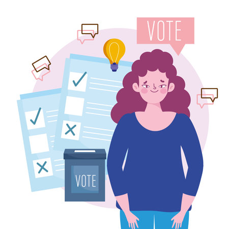 young woman vote elections box and ballots with check mark vector illustrationのイラスト素材
