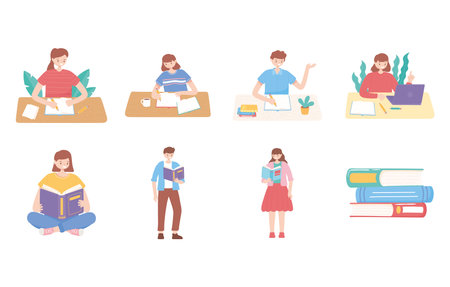 set of students holds books reading and studying education vector illustrationのイラスト素材