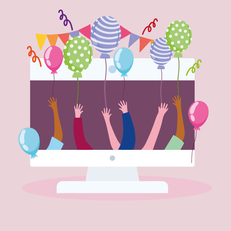 virtual party, computer and people celebration event balloons vector illustrationのイラスト素材