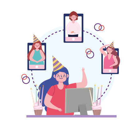 virtual party, people making online party through video call vector illustrationのイラスト素材