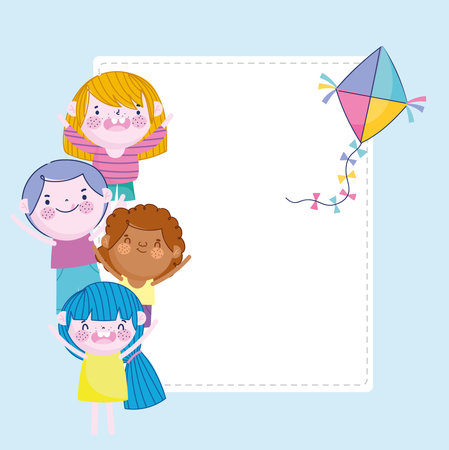 happy boys and girl kite decoration card, Children vector illustrationのイラスト素材