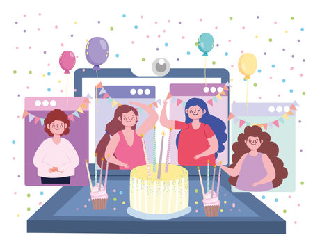 virtual party birthday meeting friends together in quarantine vector illustrationのイラスト素材