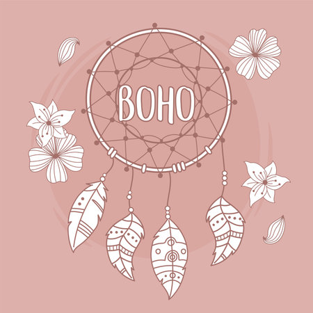 dreamcatcher with flowers and freathers boho and tribal vector illustrationのイラスト素材