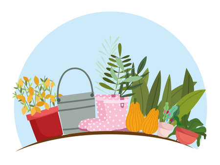 Gardening, bucket pumpkin boots and potted plants and flowers vector illustrationのイラスト素材