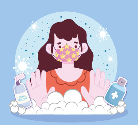 new normal lifestyle, woman with mask disinfectant spray and sanitizer cartoon style vector illustrationのイラスト素材