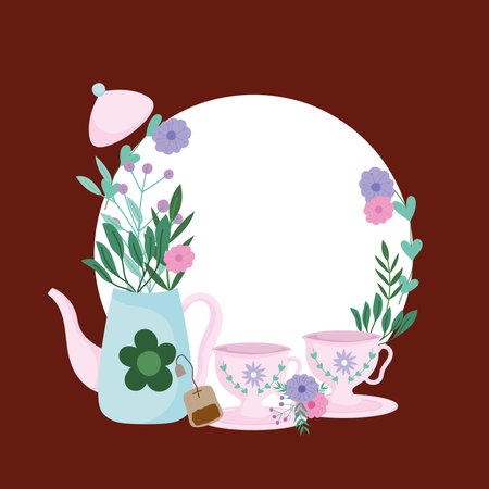 Tea time, teapot and cups teabag flowers plants and herbs vector illustrationのイラスト素材