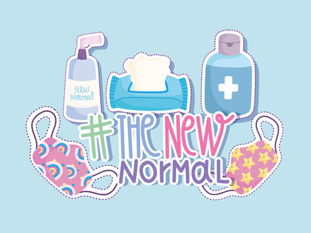 new normal lifestyle, cartoon disinfectant spray bottle alcohol tissue paper and masks style vector illustrationのイラスト素材