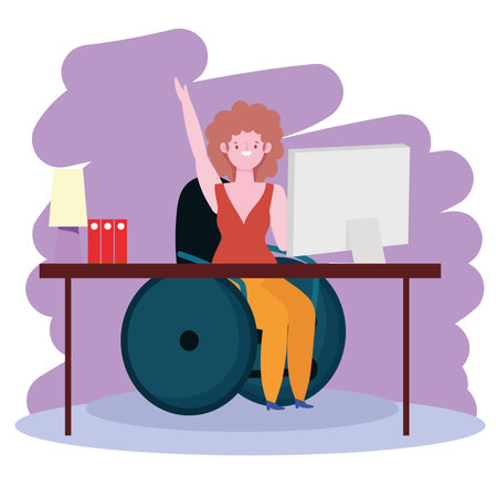disabled woman sitting in a wheelchair working with computer on desk, inclusion vector illustrationのイラスト素材