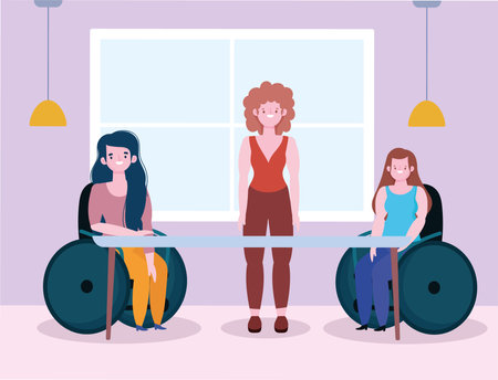 disabled women sitting in a wheelchair and woman teamwork office, inclusion vector illustrationのイラスト素材