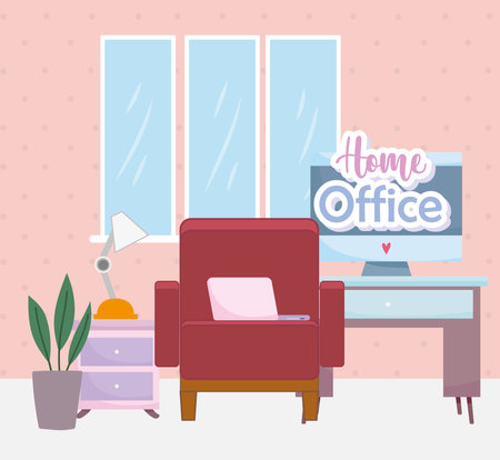home office interior chair desk computer lamp and plant vector illustrationのイラスト素材