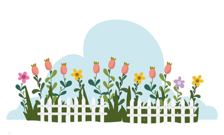 Gardening cute flowers leaves foliage wood white fence vector illustrationのイラスト素材