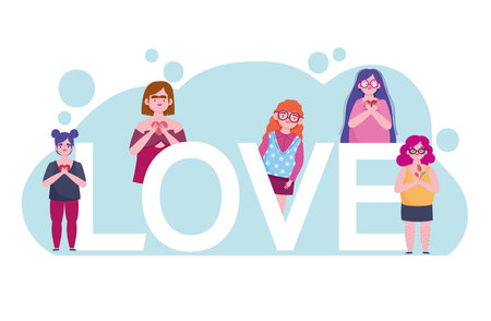 diversity women group and lettering cartoon character self love vector illustrationのイラスト素材